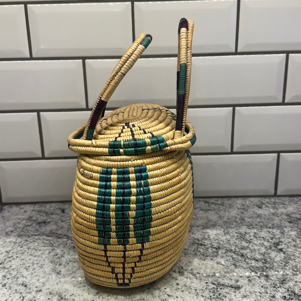 Handcrafted Woven Basket Bag with Lid Teal Purple Geometric Natural Straw Tan - Picture 2 of 13